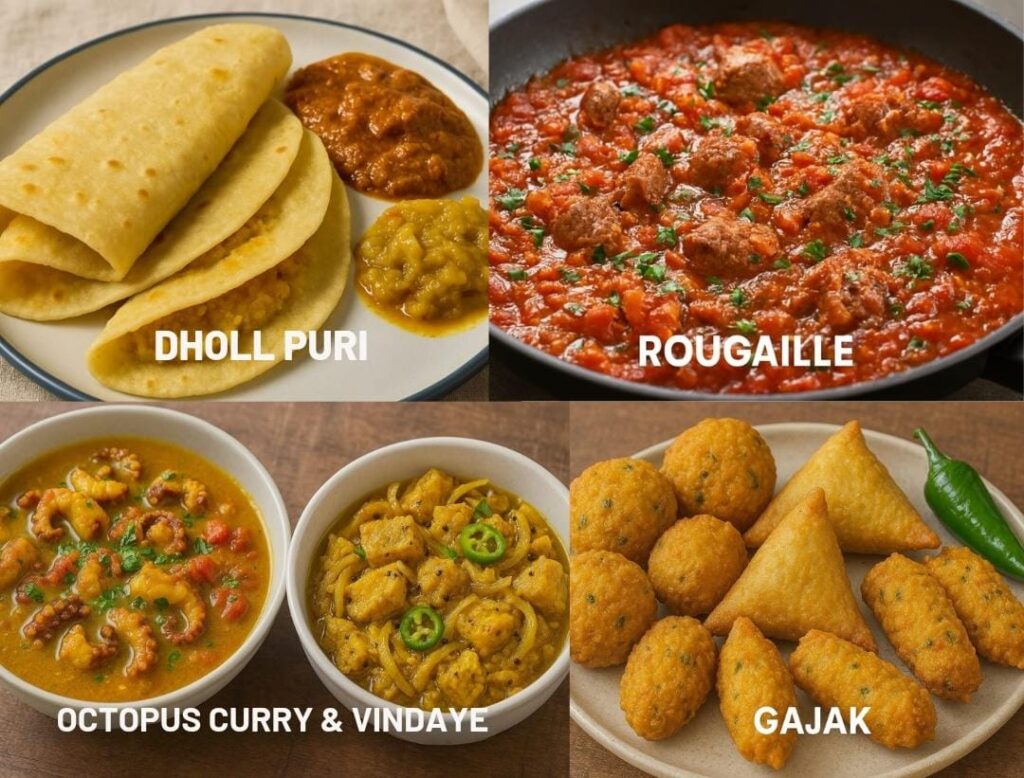 A colorful spread of traditional Mauritian dishes including Dholl Puri, Rougaille, Octopus Curry, Vindaye, and assorted Gajak snacks
