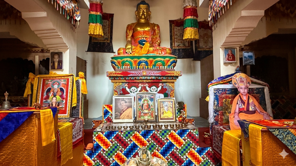 Colorful Buddhist monastery interior with Buddha statue and prayer decorations in Himalayan region