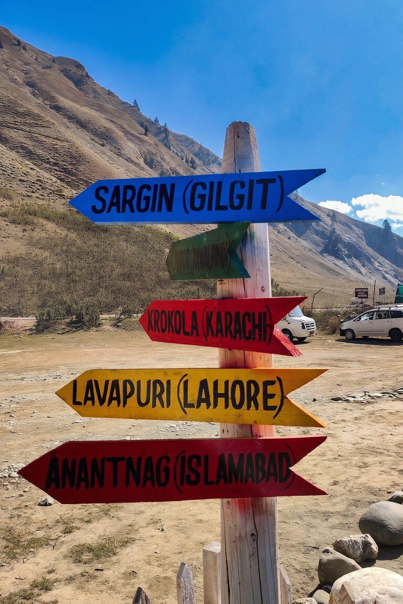 A rustic wooden signpost with colorful arrows pointing to fictional or altered geographical names like Sargin (Gilgit), Krokola (Karachi), Lavapuri (Lahore), and Anantnag (Islamabad) against a barren mountain background.