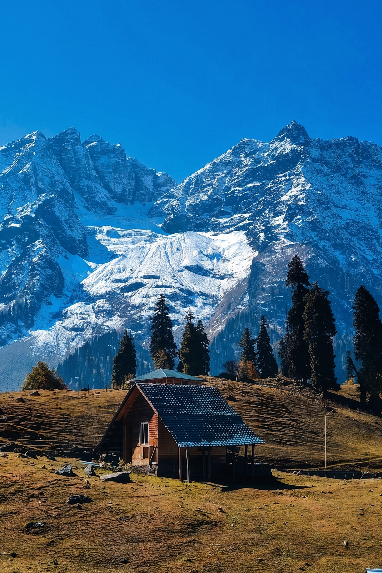 A rustic wooden cabin with a blue corrugated roof sits on a grassy hill in Gurez Valley, framed by massive snow-covered mountain peaks and a deep blue sky.