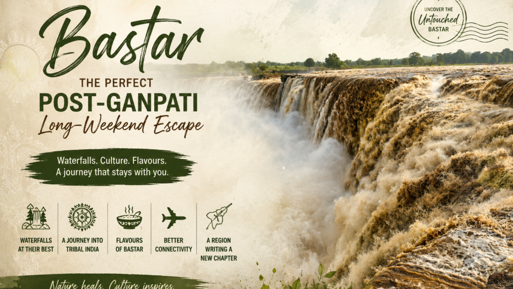 A travel banner titled "Bastar: The Perfect Post-Ganpati Long-Weekend Escape" featuring a wide view of a powerful waterfall and icons representing waterfalls, tribal culture, local food, and connectivity.