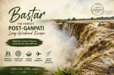 A travel banner titled "Bastar: The Perfect Post-Ganpati Long-Weekend Escape" featuring a wide view of a powerful waterfall and icons representing waterfalls, tribal culture, local food, and connectivity.