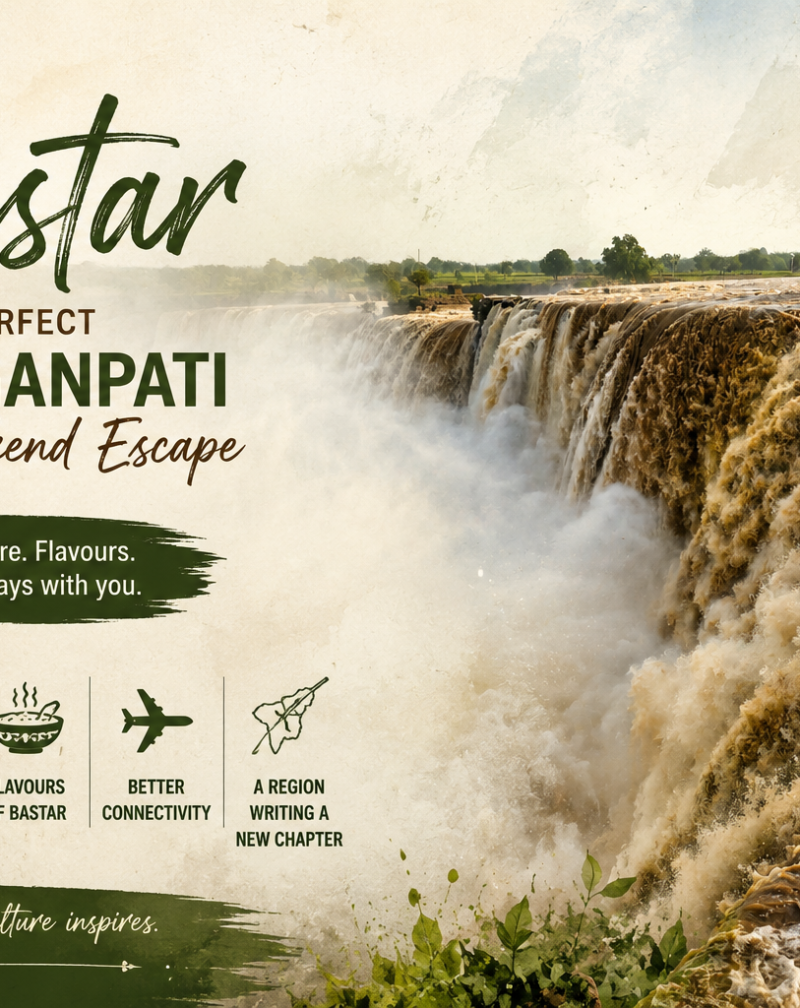 A travel banner titled "Bastar: The Perfect Post-Ganpati Long-Weekend Escape" featuring a wide view of a powerful waterfall and icons representing waterfalls, tribal culture, local food, and connectivity.