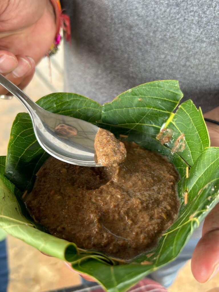 A close-up of traditional Bastar red ant chutney (Chaprah) being prepared or served, showing the fiery red spice blend and texture.