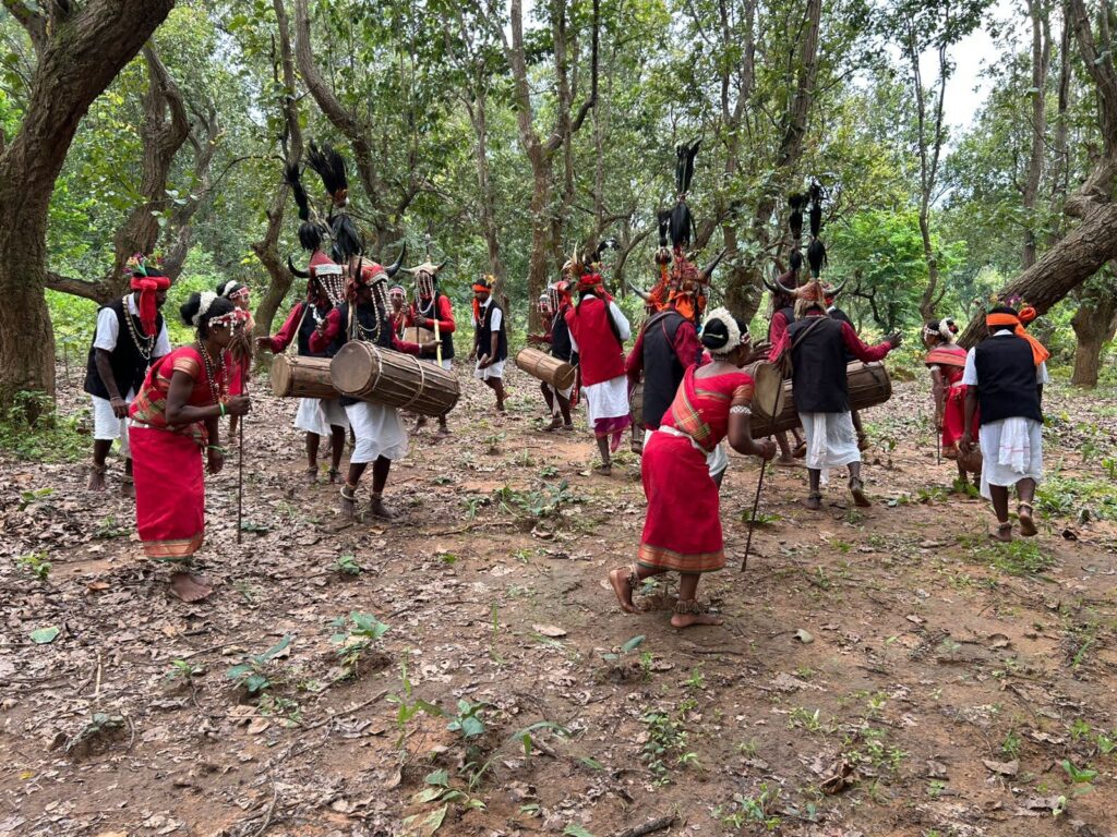 A group of indigenous tribal dancers in vibrant red and white traditional attire performing a cultural dance amidst dense forest trees.