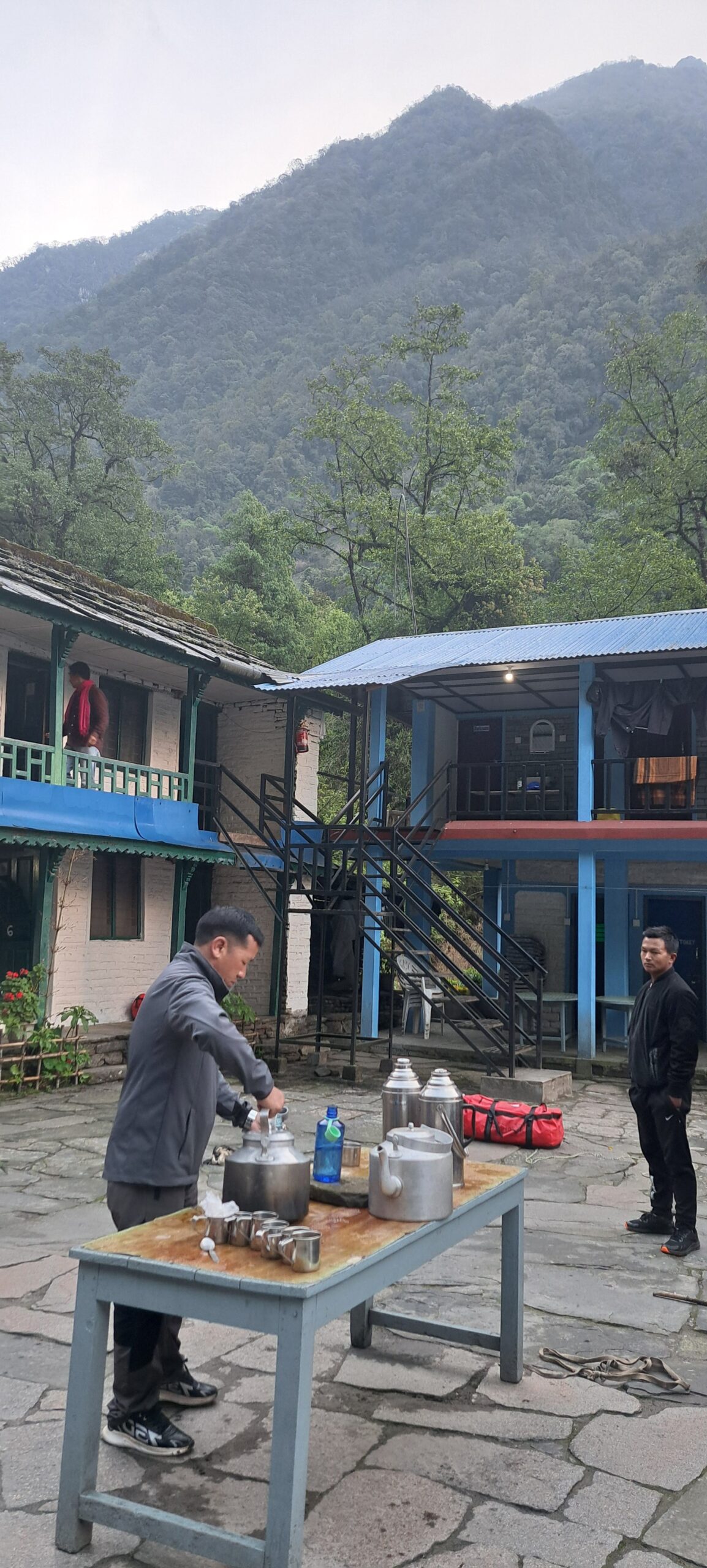 Traditional Himalayan teahouse preparing morning tea for trekkers on the Annapurna Base Camp Trek in Nepal.