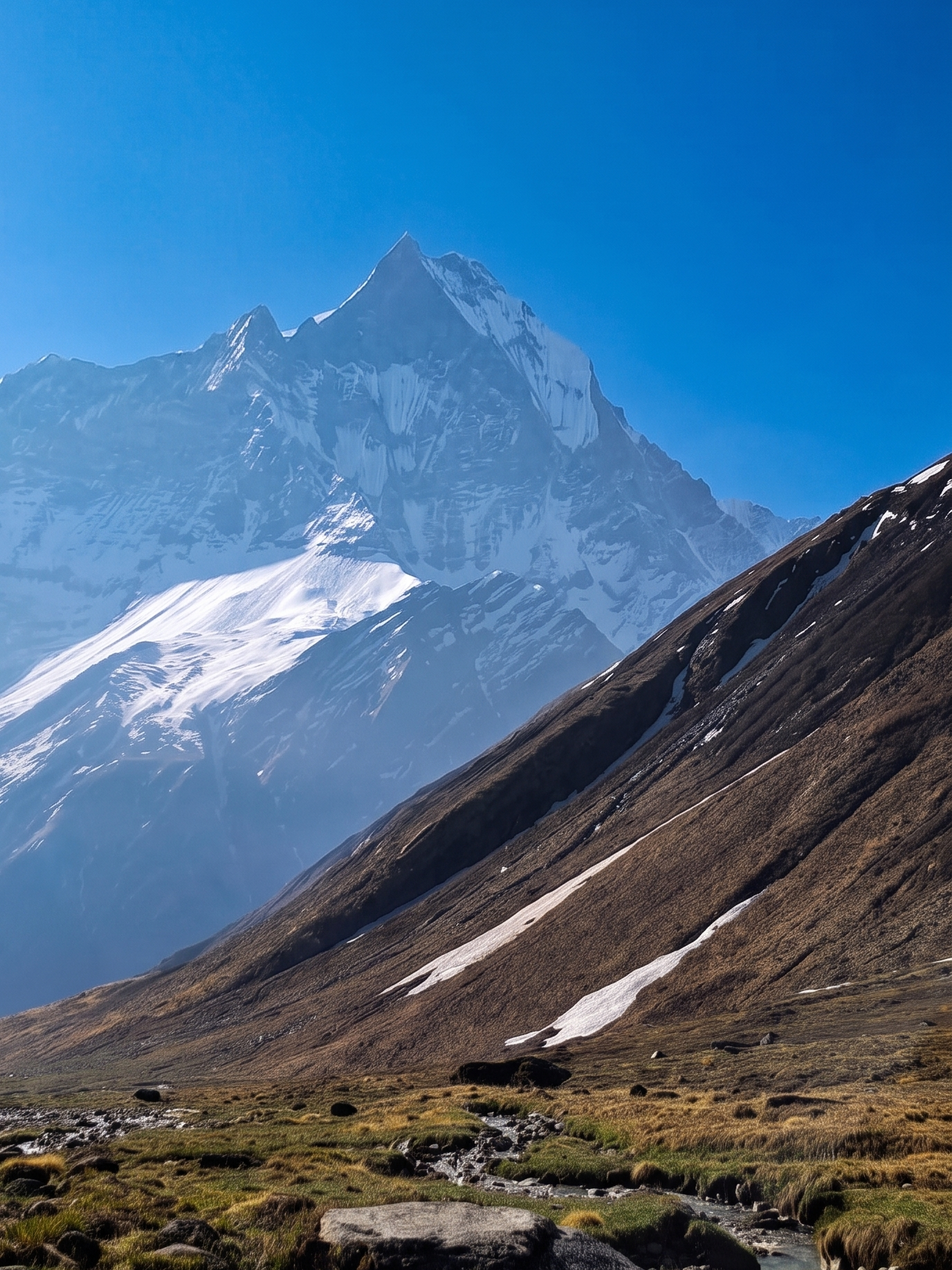 Machapuchare (Fishtail Mountain) and alpine valley on the Annapurna Base Camp Trek in Nepal.