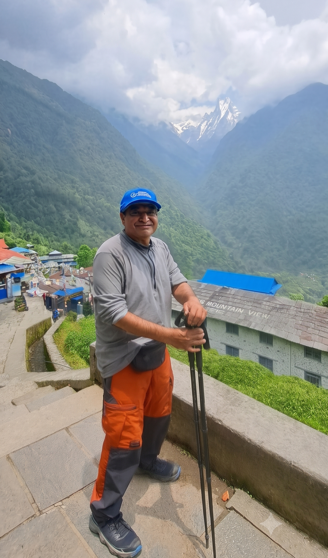 at Chhomrong with Machhapuchhre Peak on the Annapurna Base Camp Trek