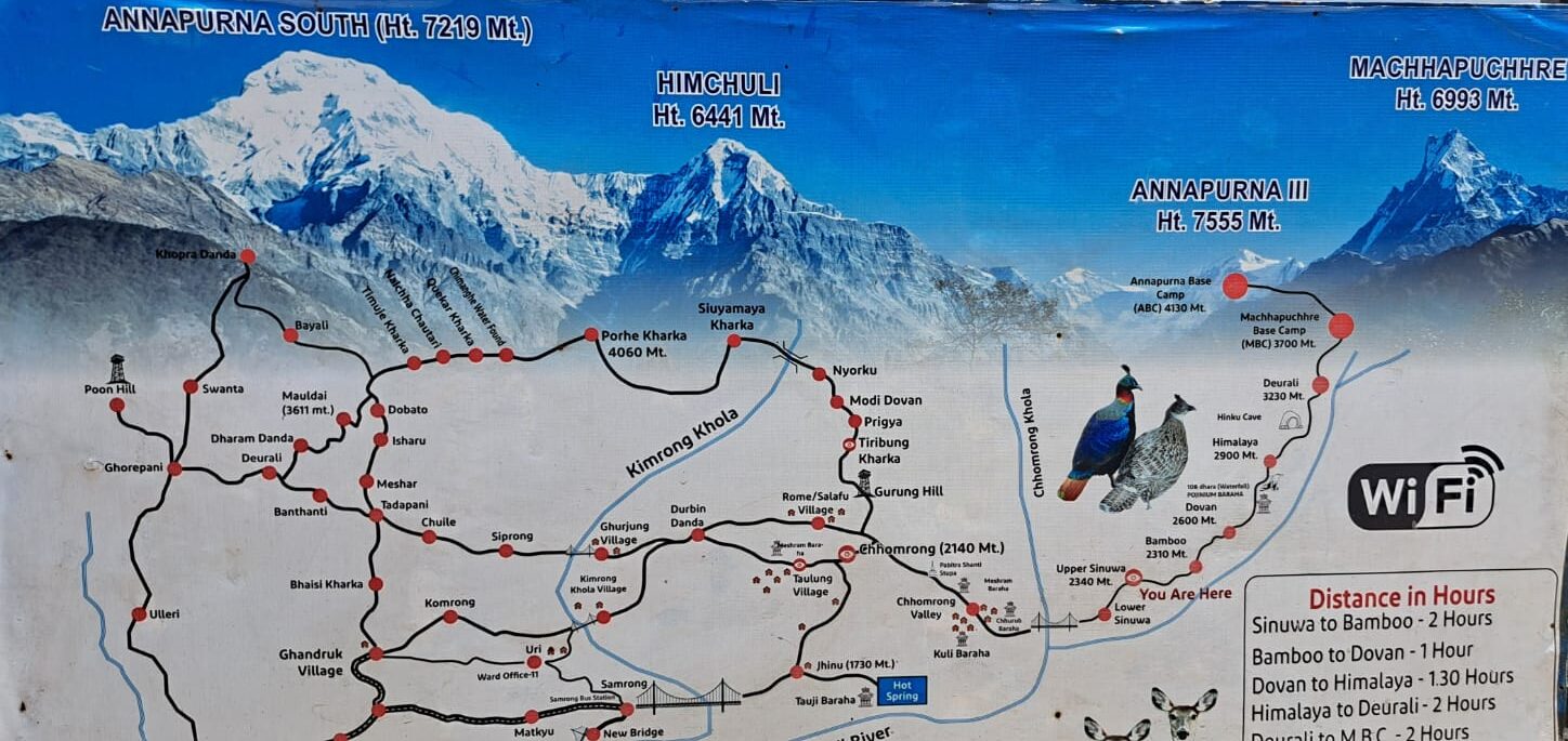 Annapurna Base Camp Trek route map showing Ghandruk, Chhomrong, Bamboo, Deurali, Machapuchare Base Camp, and Annapurna Base Camp in Nepal.